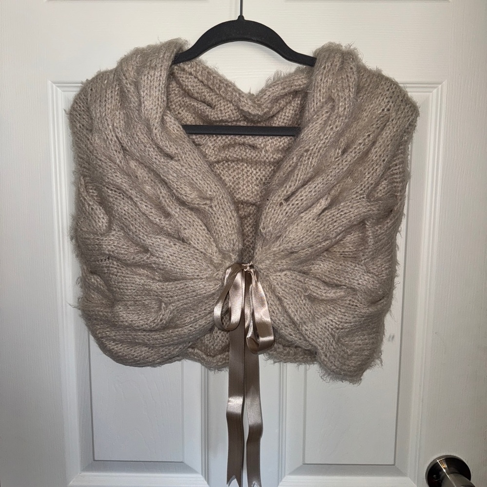 Hand Knitted Cozy Soft Light Beige Wedding Shawl with Ribbon Tie